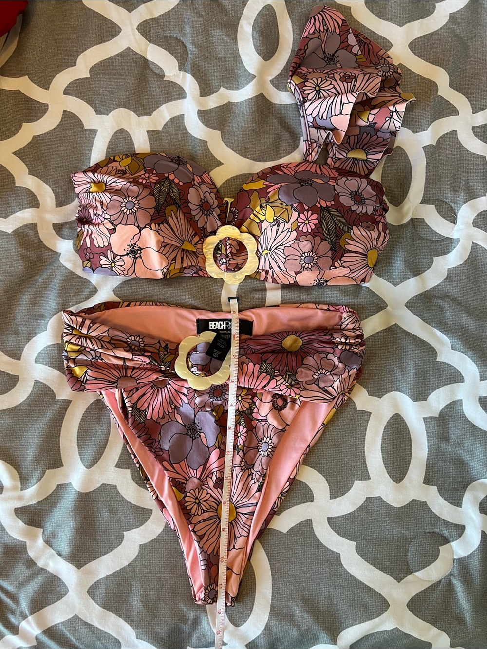 Beach Riot Floral Pink Purple Yellow Ring-Accent Bikini large top, small bottom